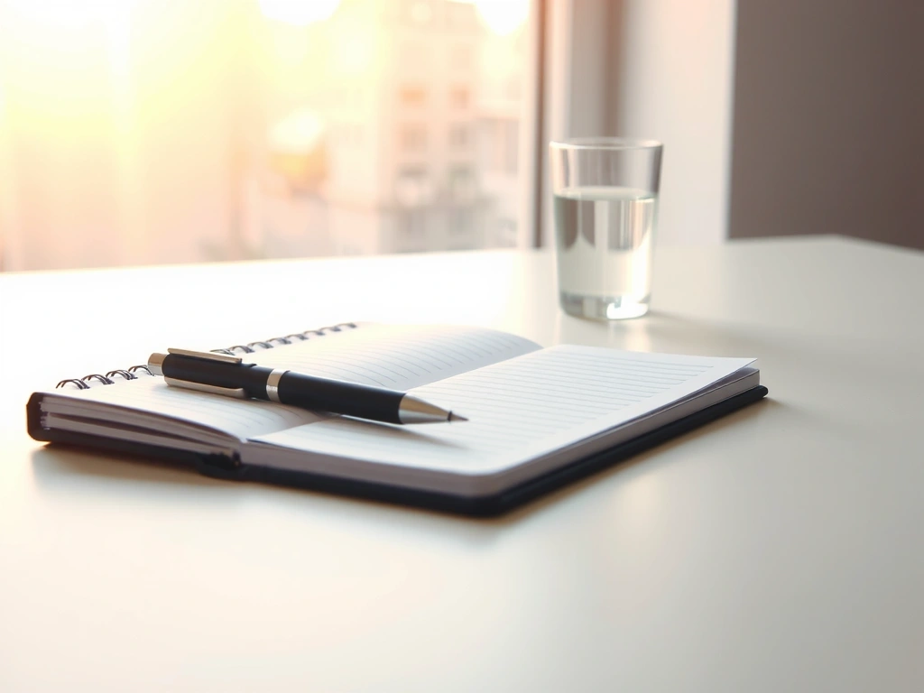 A clean, minimalist desk setup with a physical notebook, a pen, and a clear glass of water.